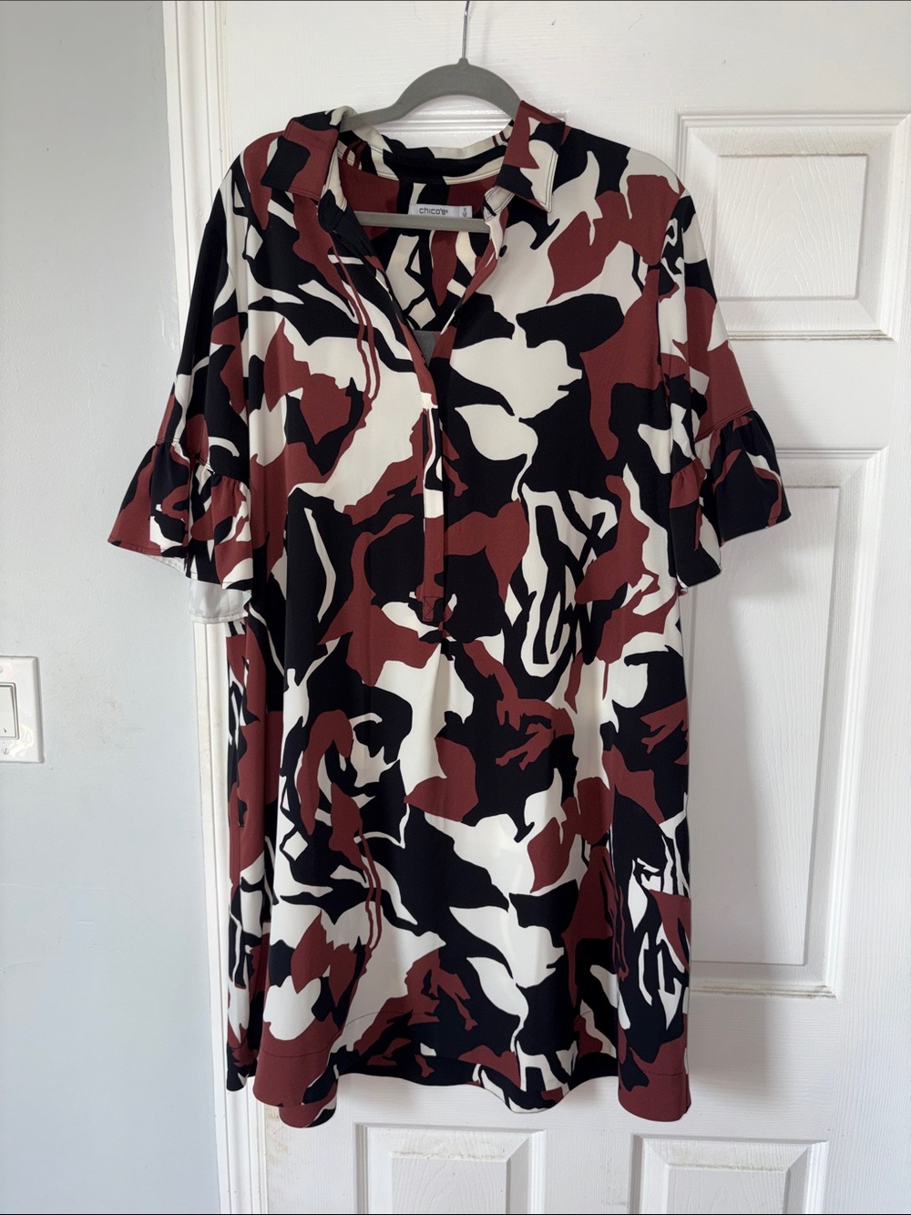 Chico's Abstract Floral Midi Dress in Rust, Black, Brown & White Size 16